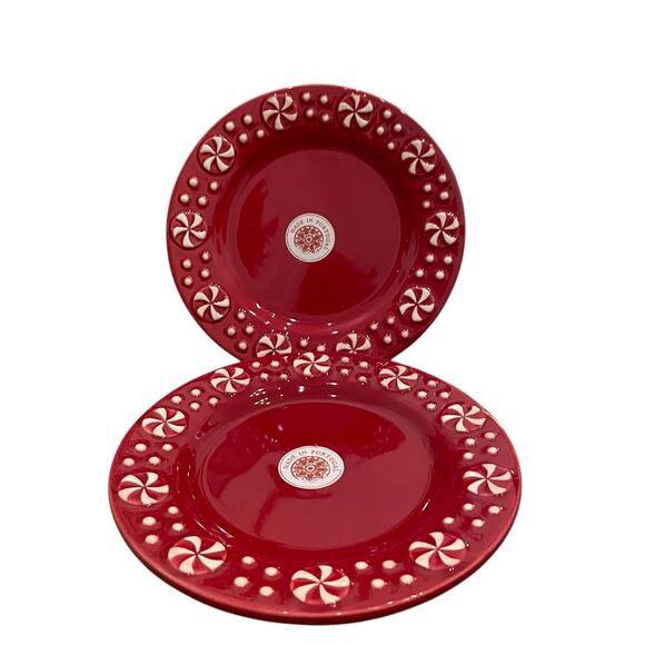 Made In Portugal Red Peppermint Candy Salad Plates 8.5in Set of 2 Ceramic New - Picture 1 of 15